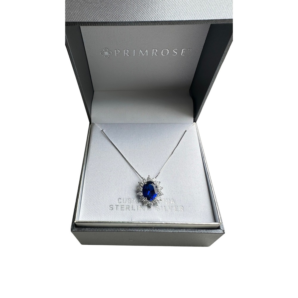 Primrose Sterling Silver Blue Cubic Zirconia Halo Pendant Necklace with Box
